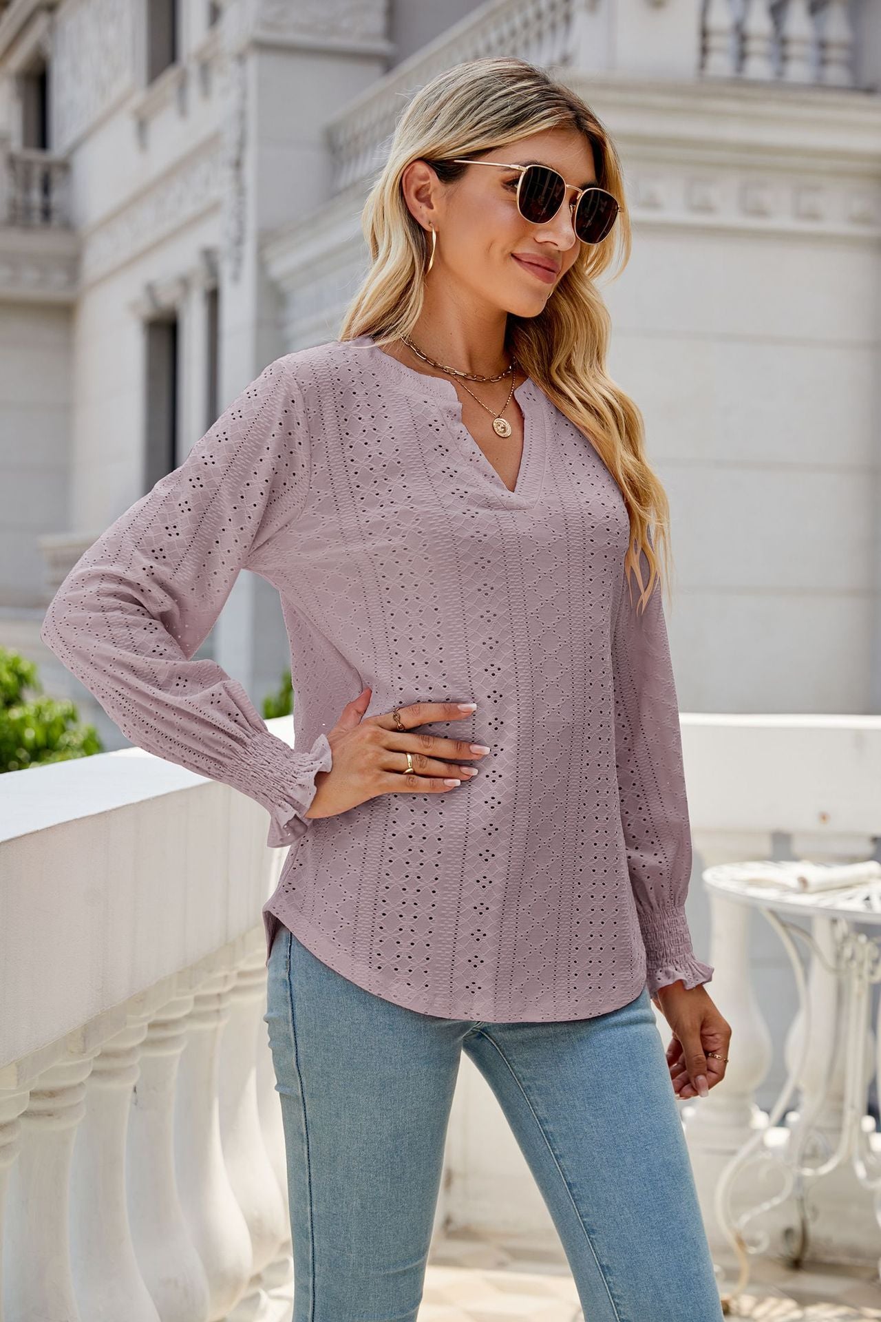 Eyelet V Neck Ruffle Sleeve Casual Long Sleeve Blouse