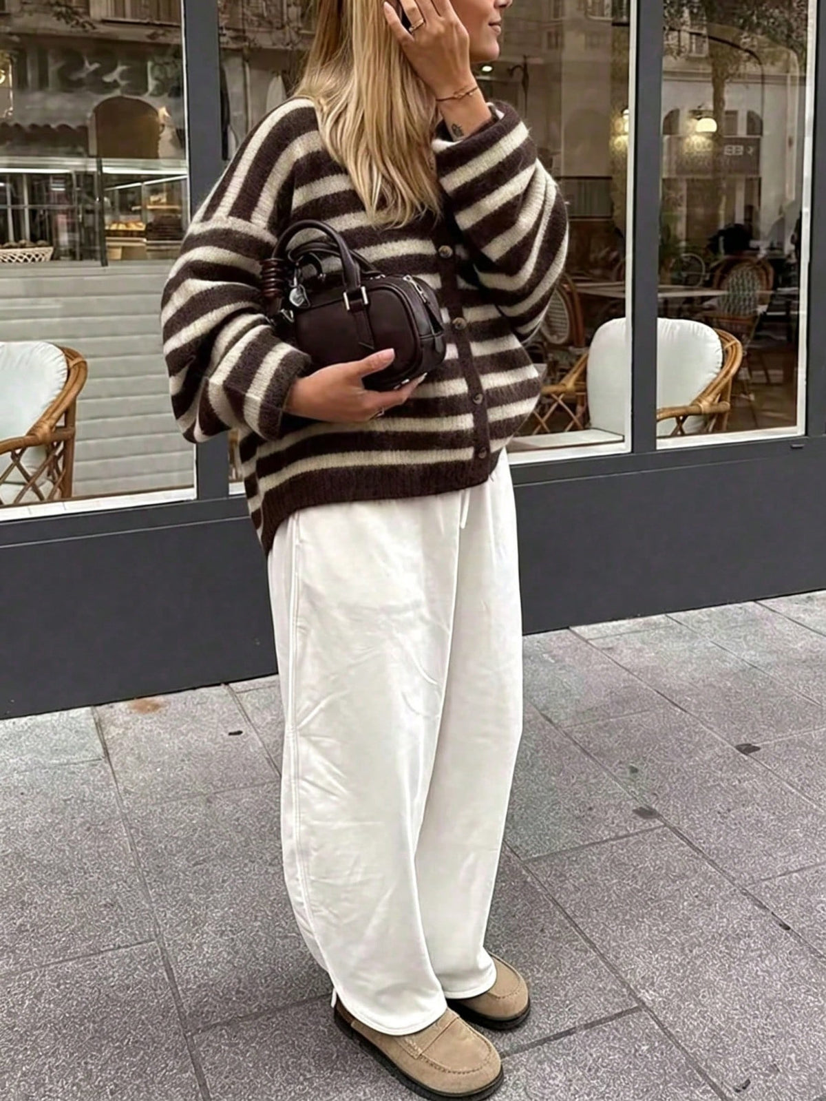 Women's Striped V-Neck Button Front Cardigan