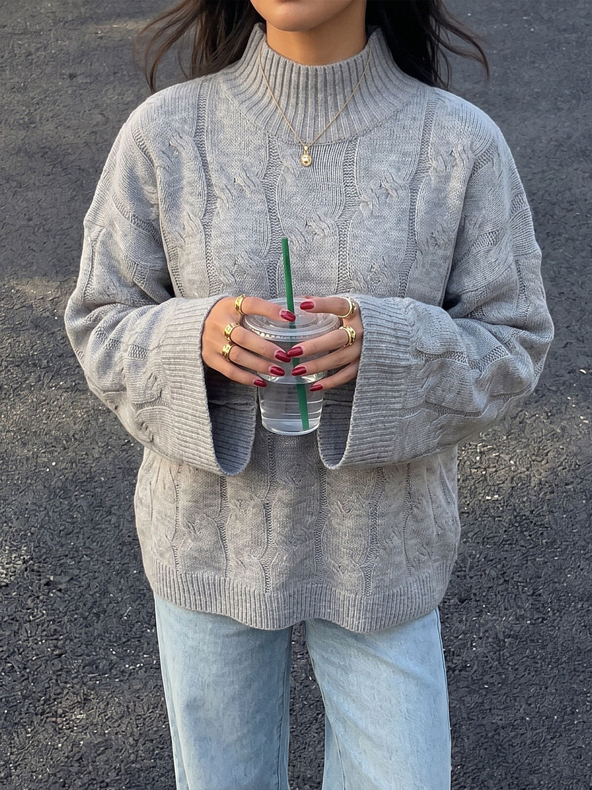 Women's Oversized Cable Knit Mock Neck Sweater
