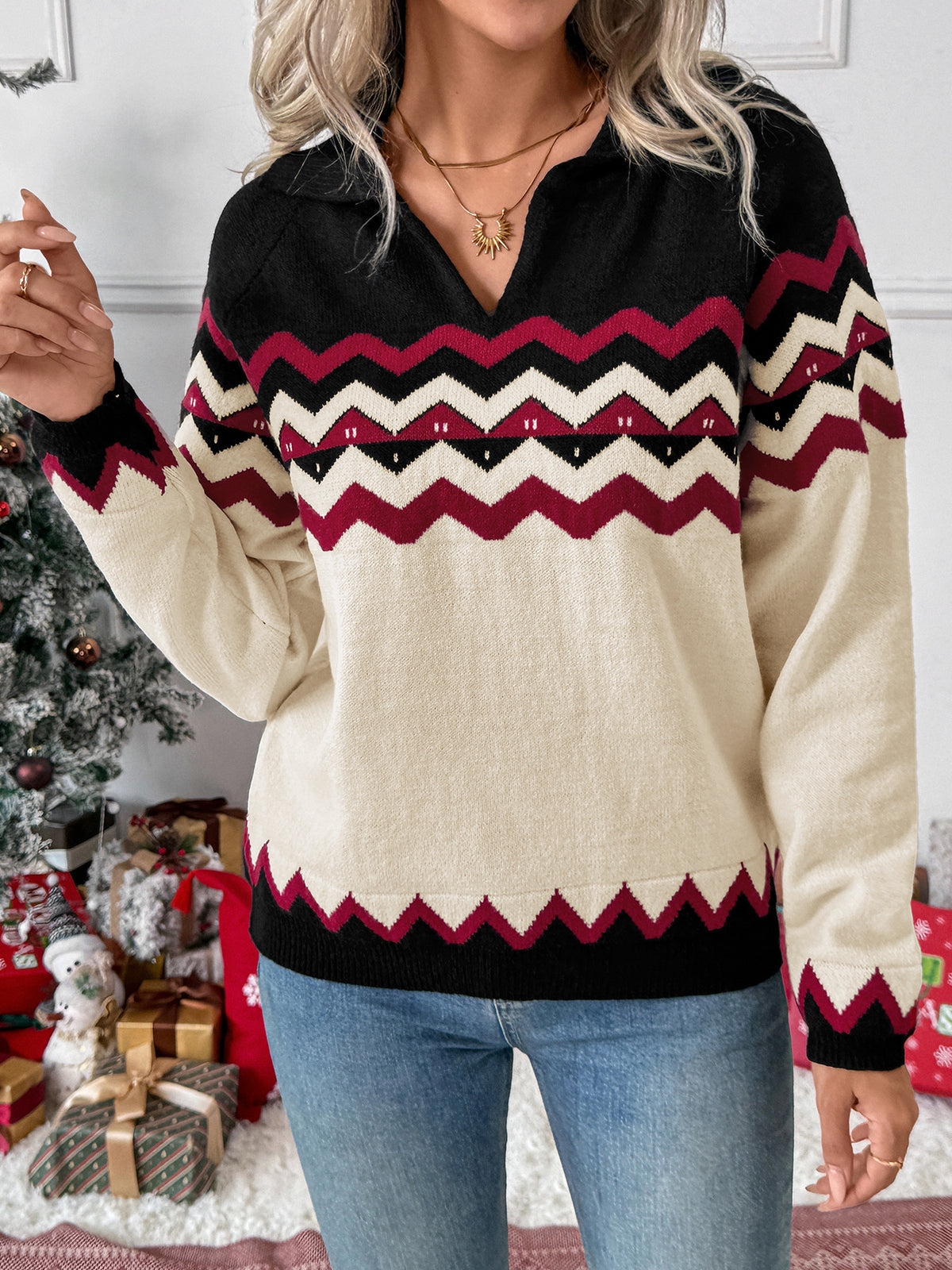 Women's Christmas Chevron Color Block Knit Sweater