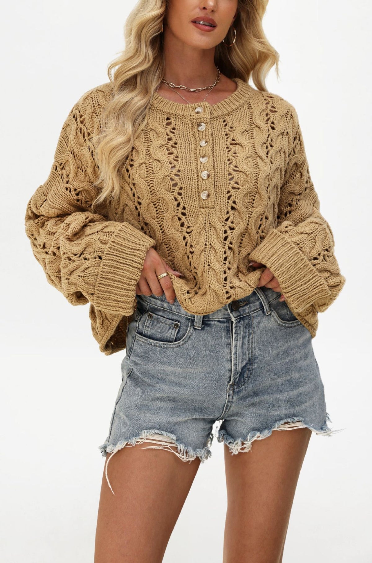Women's Oversized Cable Knit Cropped Button Sweater