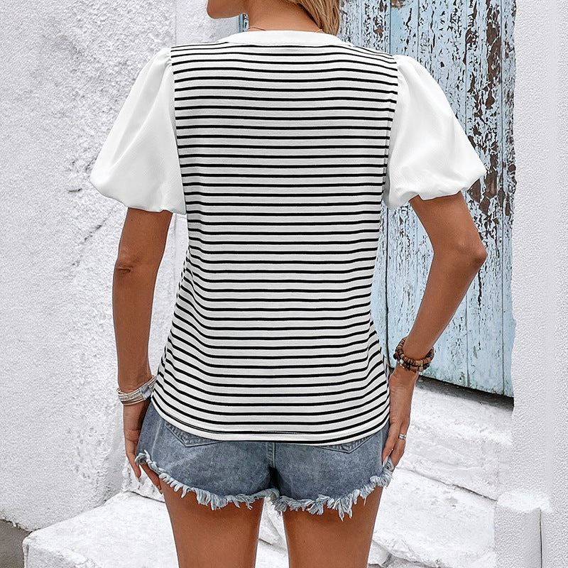 Colorblock Short Sleeve Knit Tee with Striped Print Design