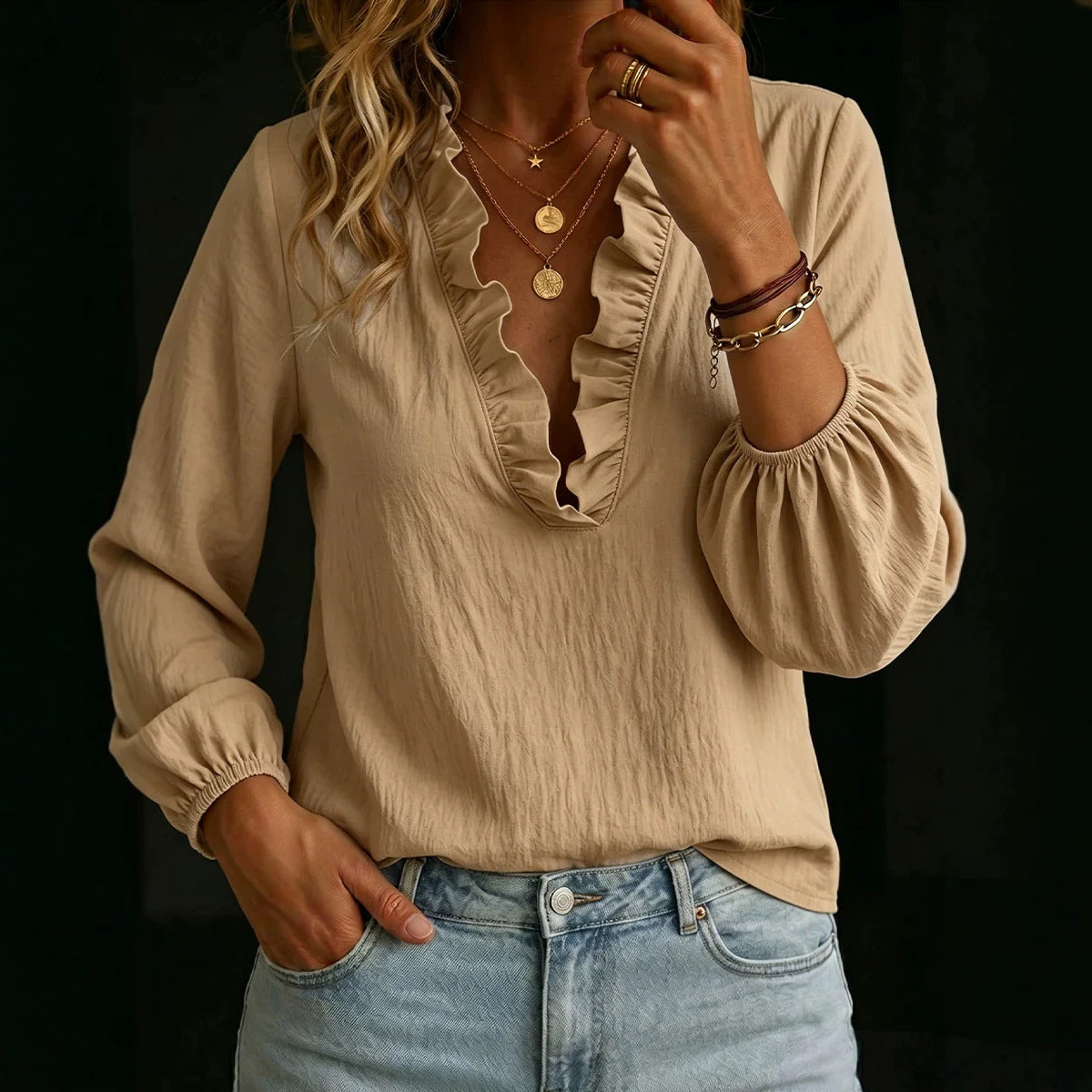 Ruffle V-Neck Blouse with Balloon Sleeves for Women