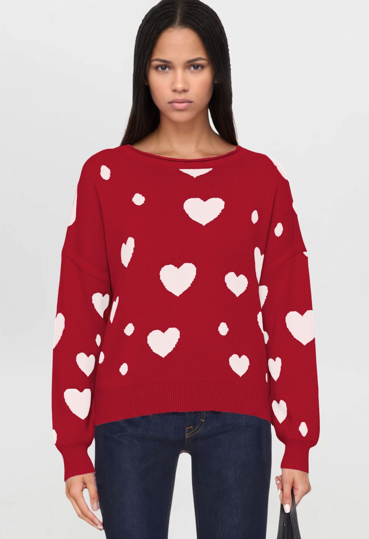 Women's Heart Print Crew Neck Long Sleeve Sweater