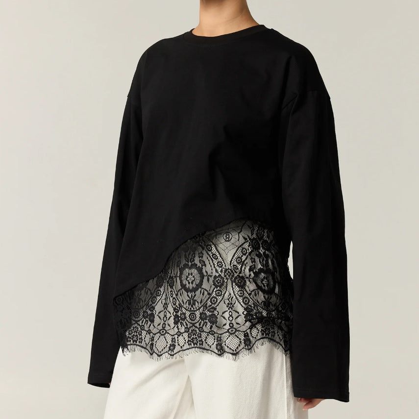 Women's Asymmetrical Lace Trim Long Sleeve Top