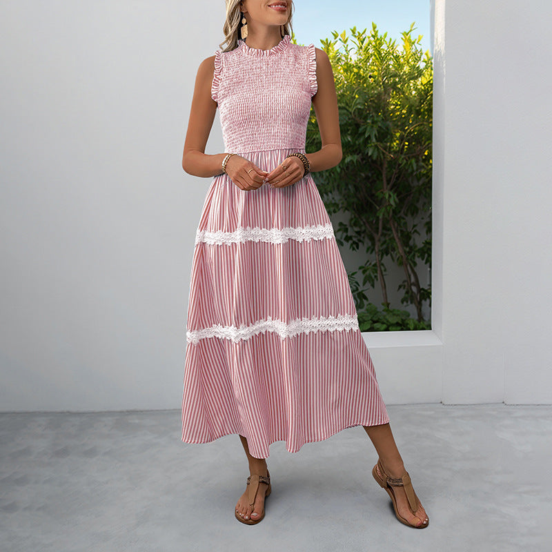 Striped Lace Trim Sleeveless Midi Dress for Summer