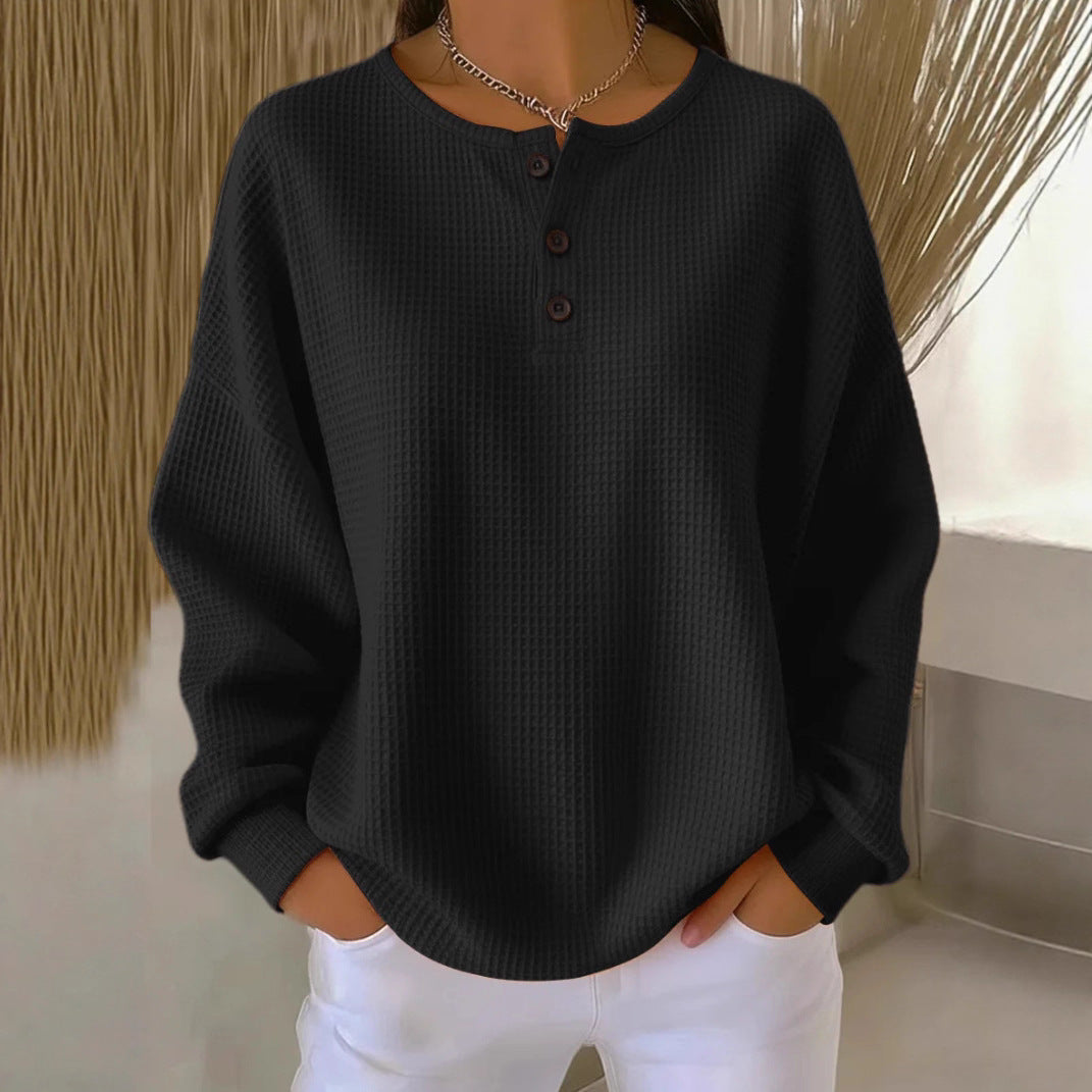Waffle Knit Henley Top, Oversized Long Sleeve Pullover