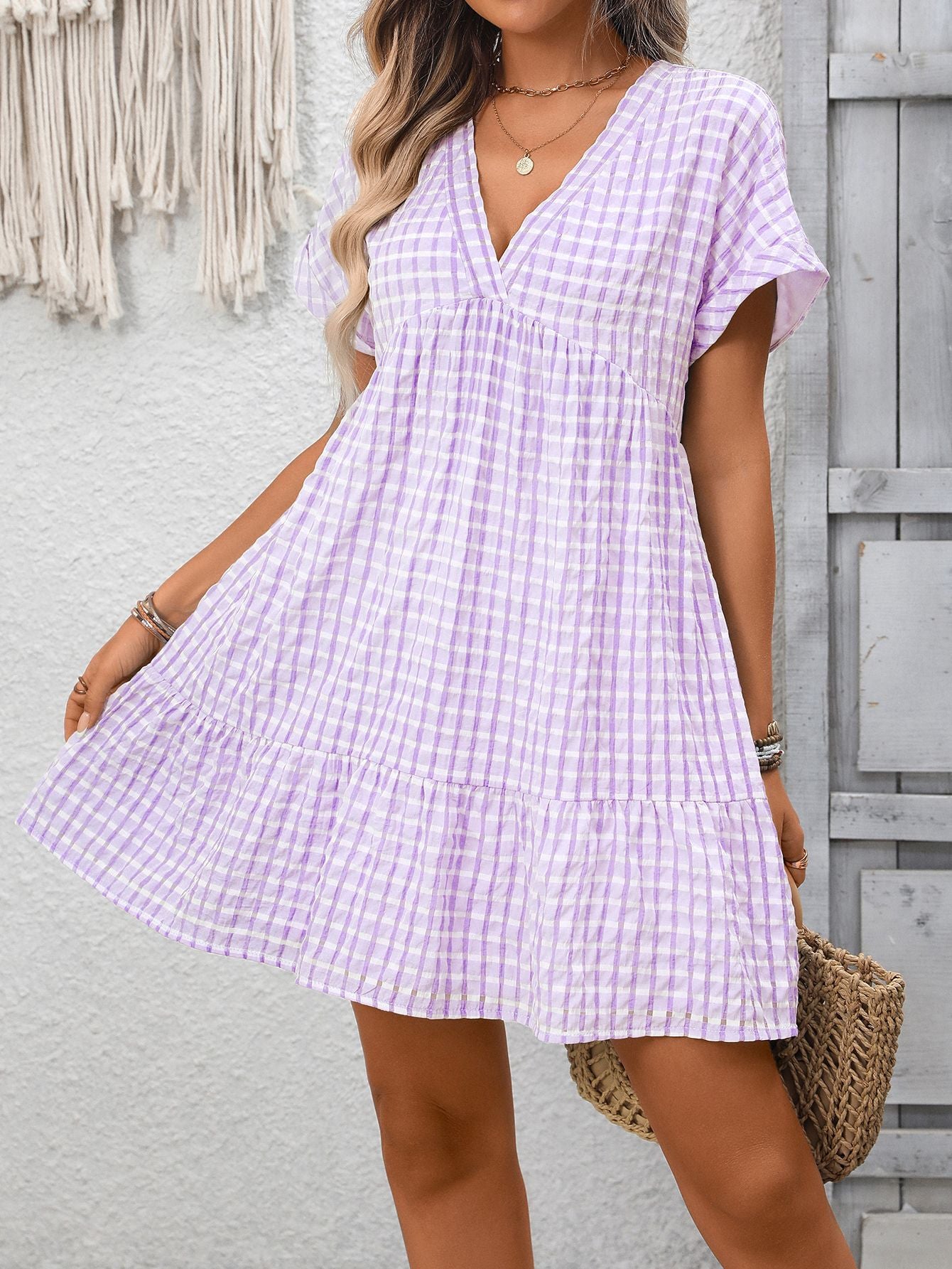Gingham V Neck Short Sleeve Summer Dress with Ruffle Hem