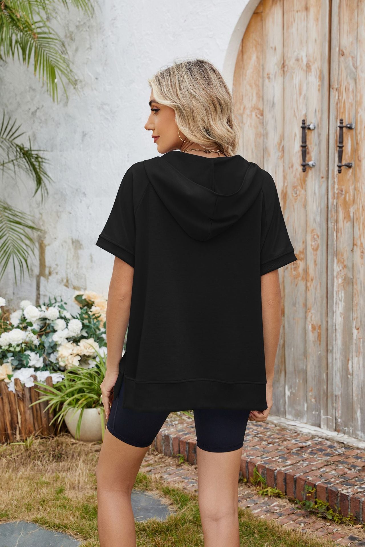 Hooded Short Sleeve Zipper Pocket Sweatshirt