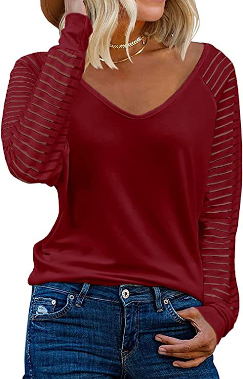 Striped Cotton Top Casual V Neck Sheer Sleeves