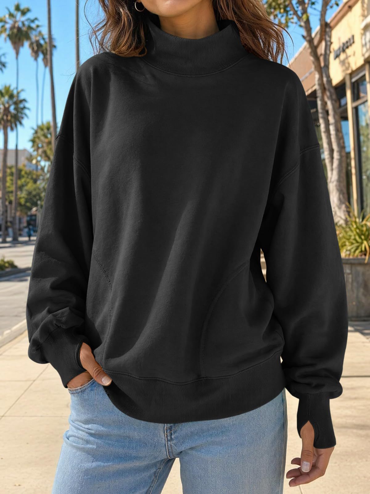 Mock Neck Oversized Womens Sweatshirt Solid Pullover Top