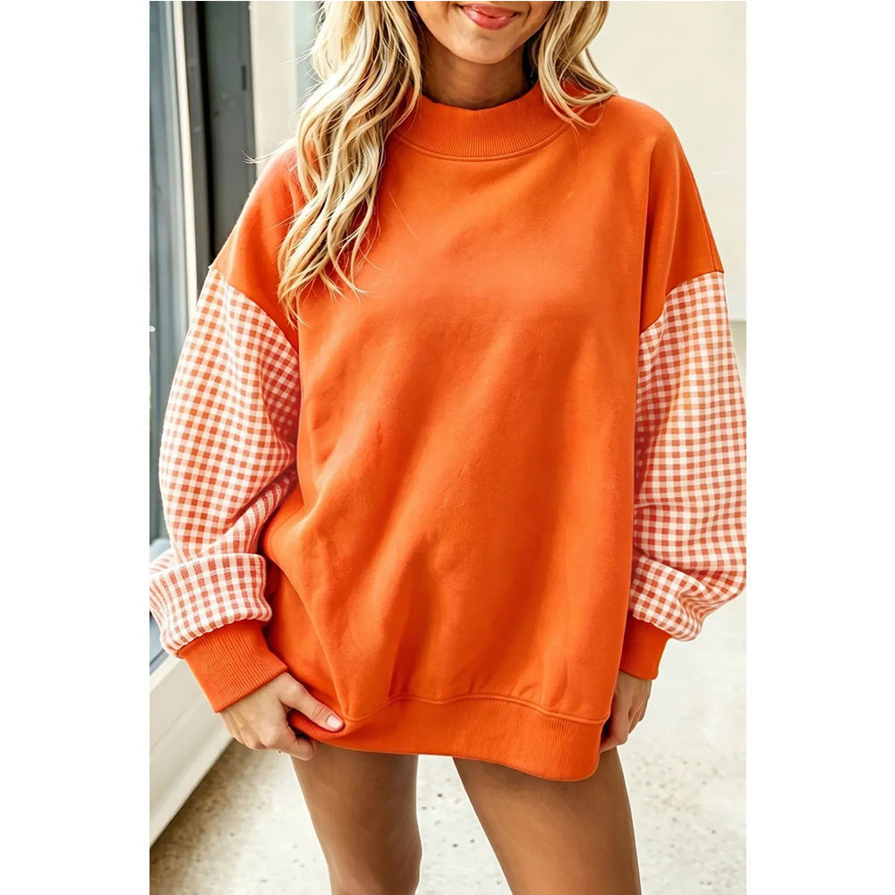 Oversized Mock Neck Plaid Sleeve Fleece Sweatshirt