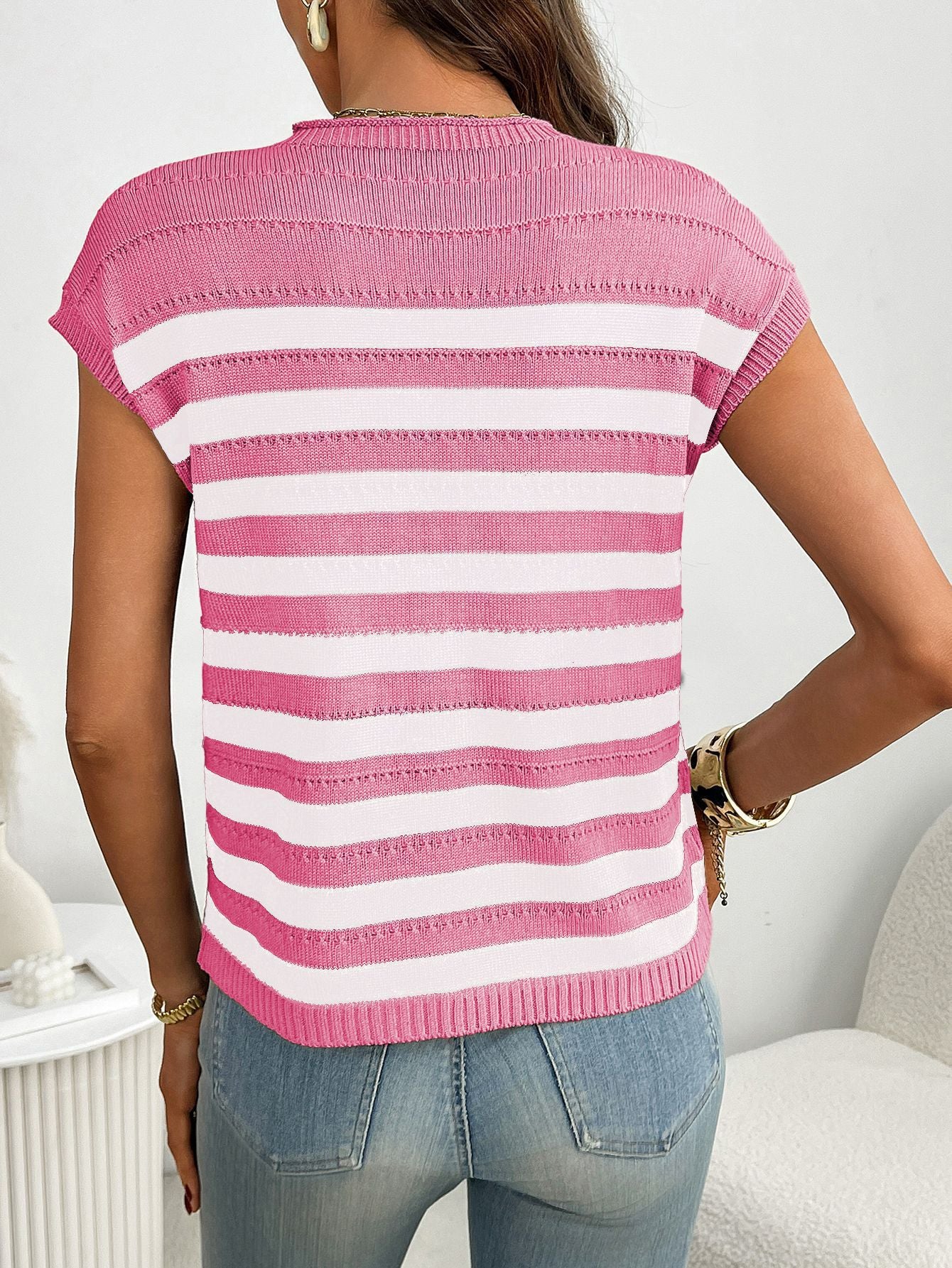 Women’s Striped Knit Top Crew Neck Sleeveless Summer Tee
