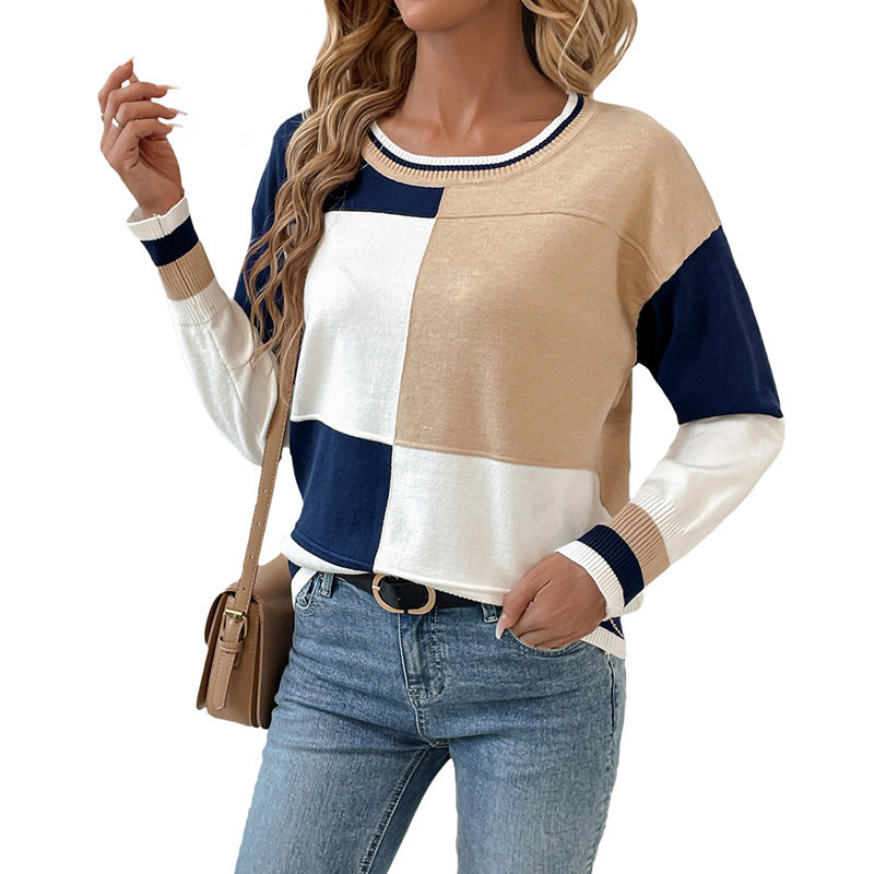 Color Block Crew Neck Long Sleeve Knit Pullover Top