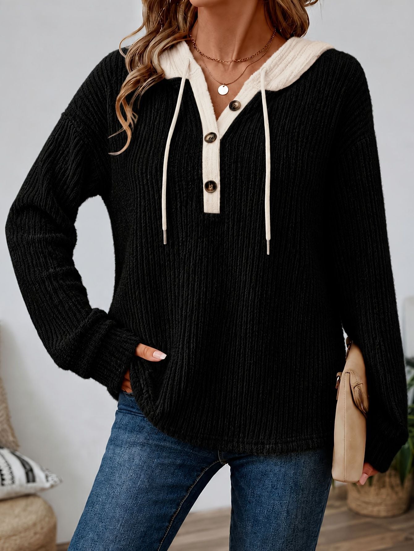 Women’s Hooded Knit Sweater Long Sleeve Pullover