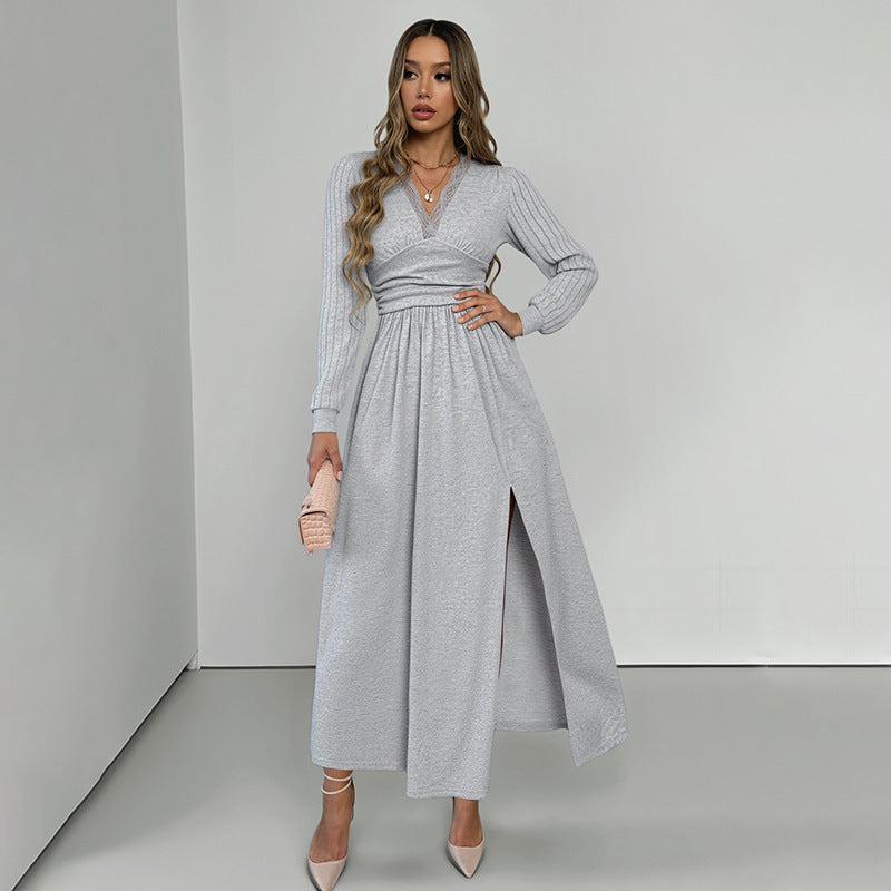 Fall V-Neck Long Sleeve Dress - High Quality Split Hem