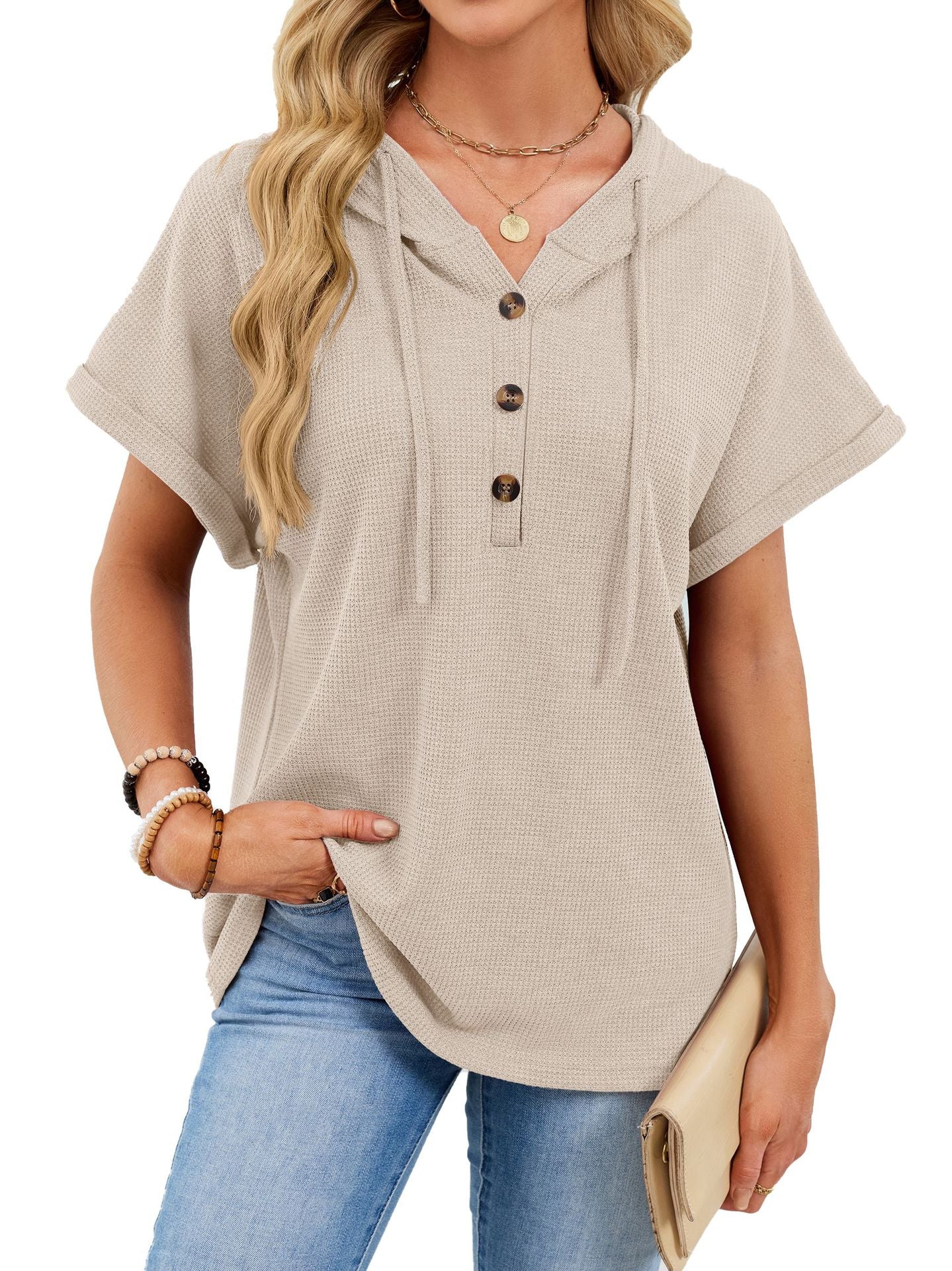Waffle Knit Short Sleeve Hoodie Henley Button Top