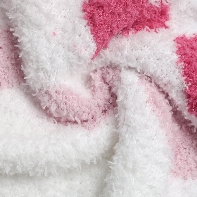 Heart Pattern V Neck Long Sleeve Fuzzy  Sweater