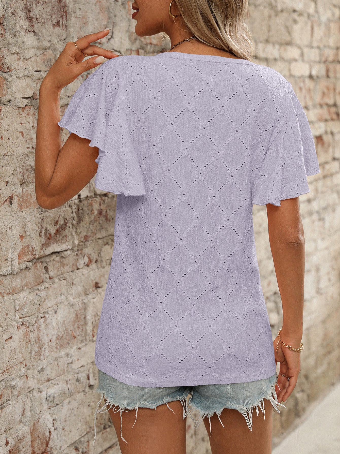 Eyelet Ruffle Sleeve Floral Knit Casual Summer T Shirt