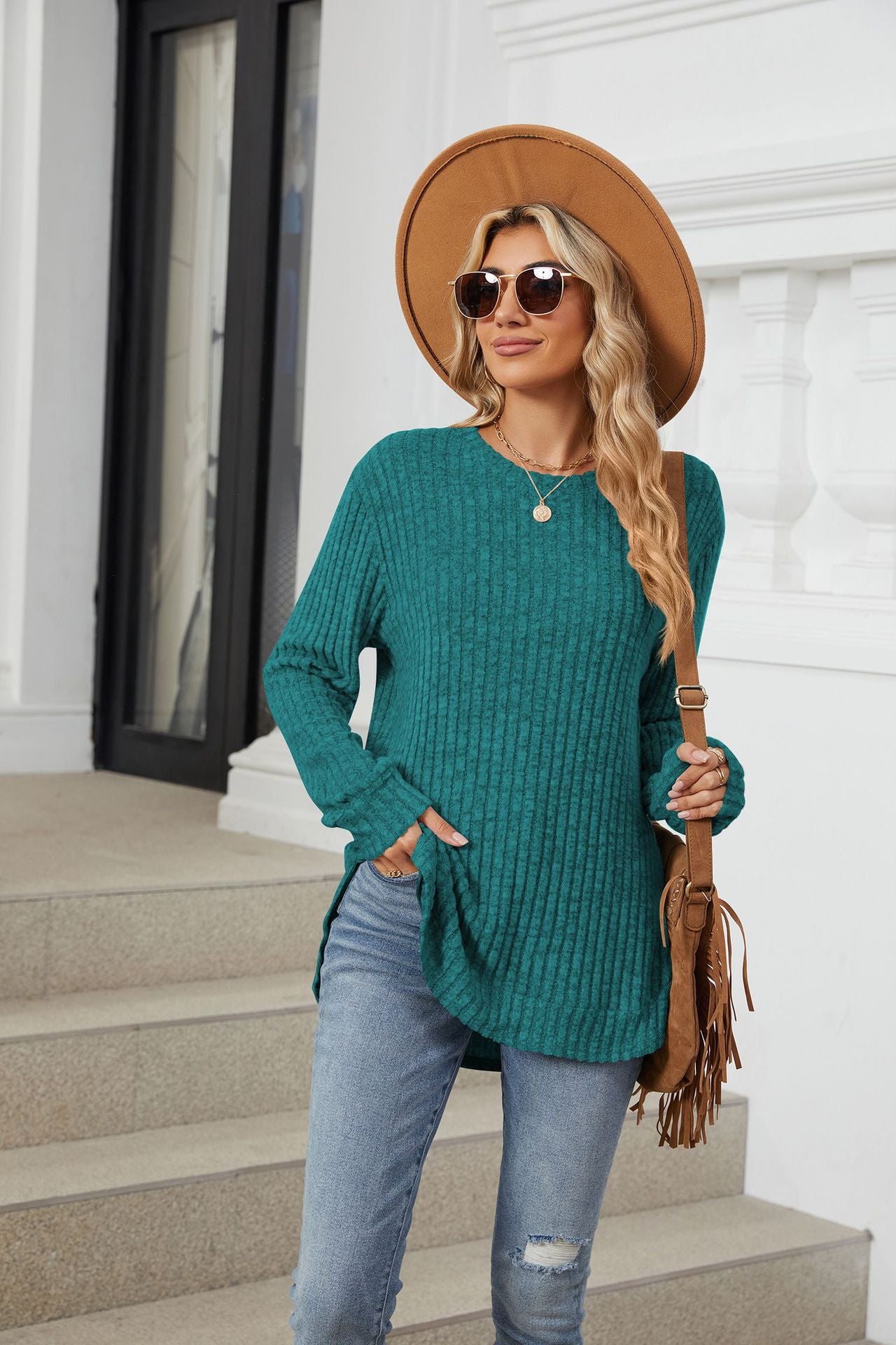 Solid Color Round Neck Long-sleeved Polished Loose T-shirt
