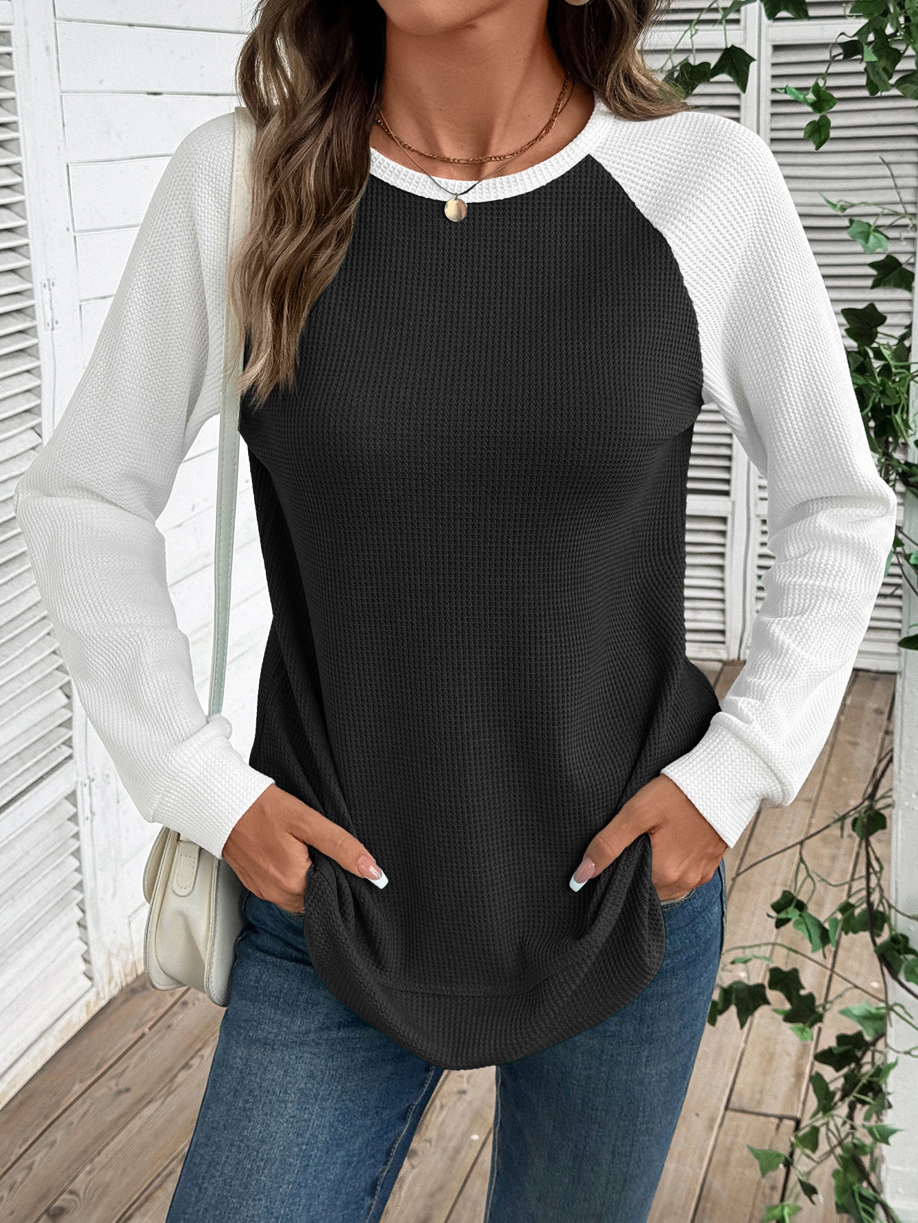 Colorblock Cotton Top Casual Waffle Raglan Sleeve