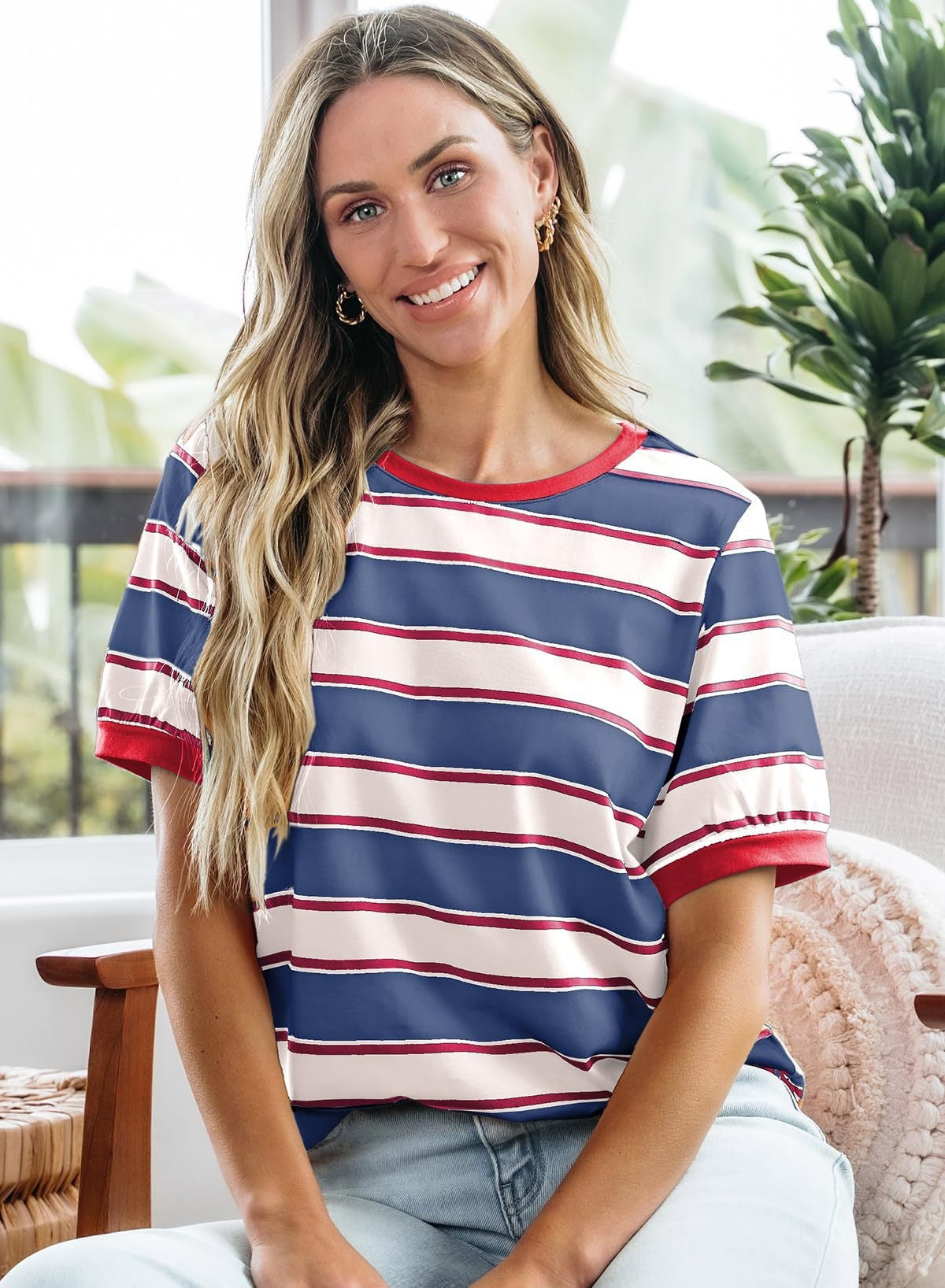 Striped Color Block Short Sleeve Casual Summer Tee