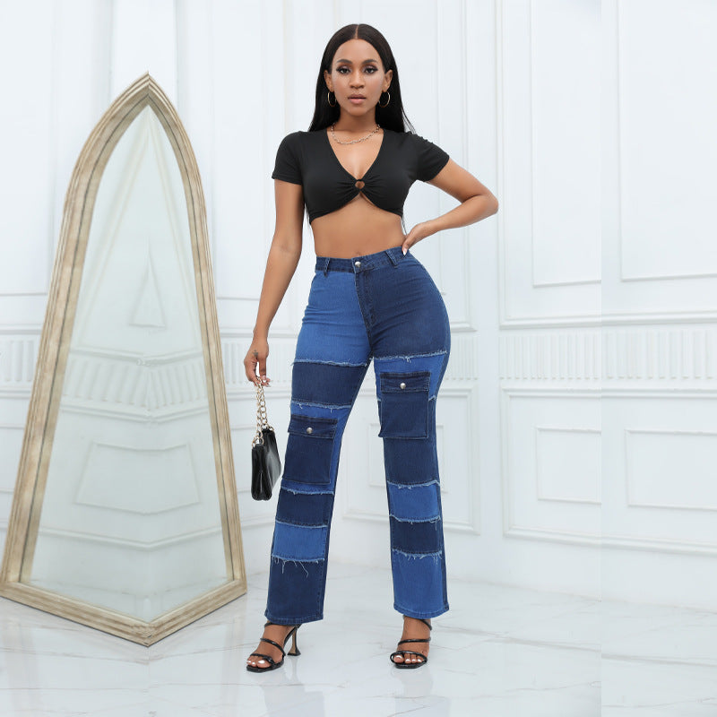 Plus Size High Waist Patchwork Straight Leg Denim Jeans