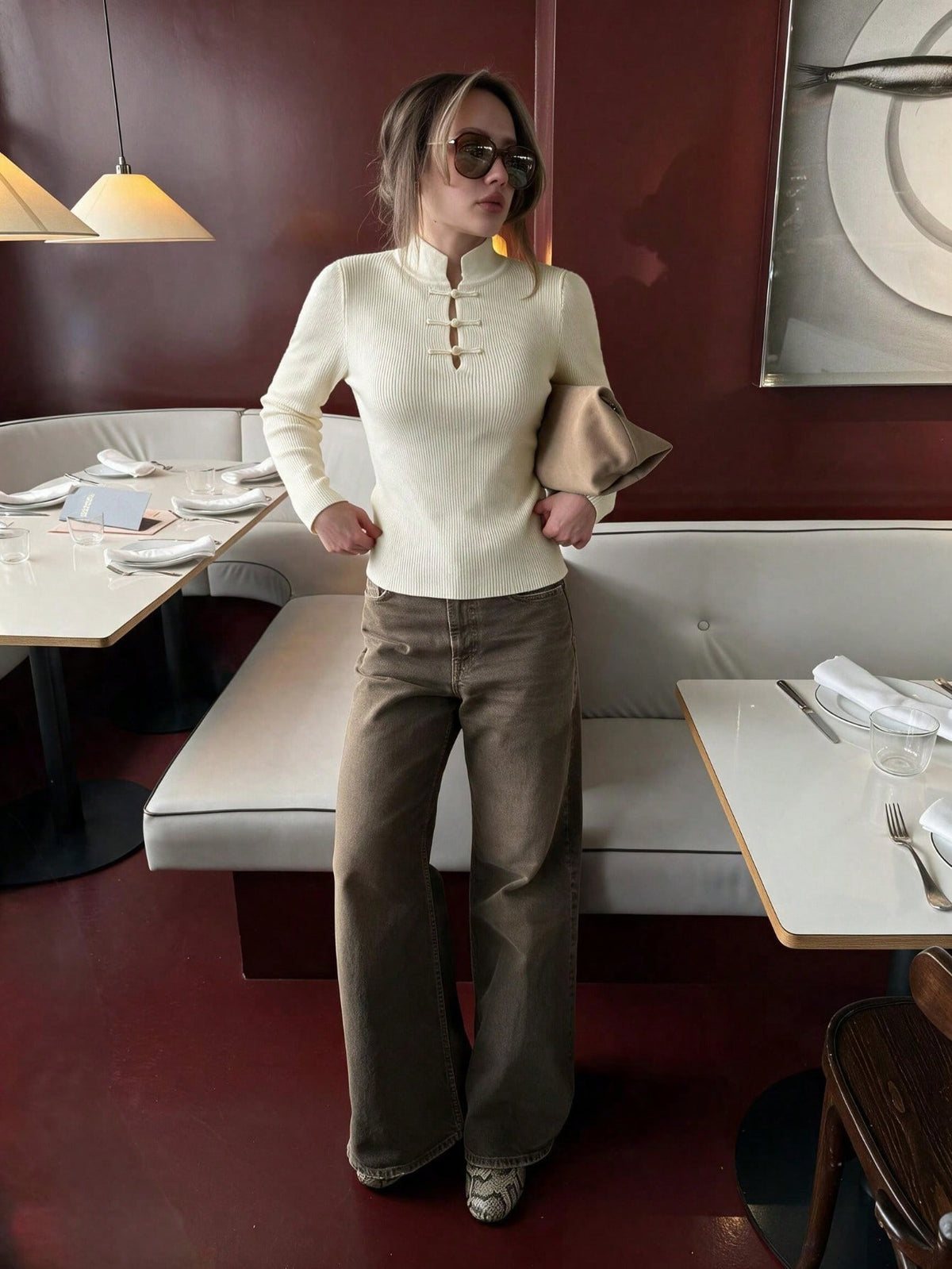 Women's Ribbed Mock Neck Frog Button Fitted Sweater Top