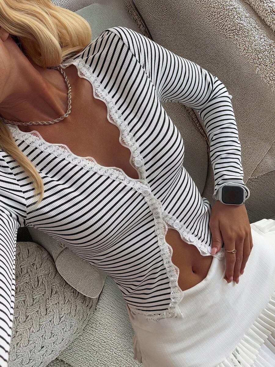 Striped Cotton Cardigan Sweet Lace Fitted Button Front
