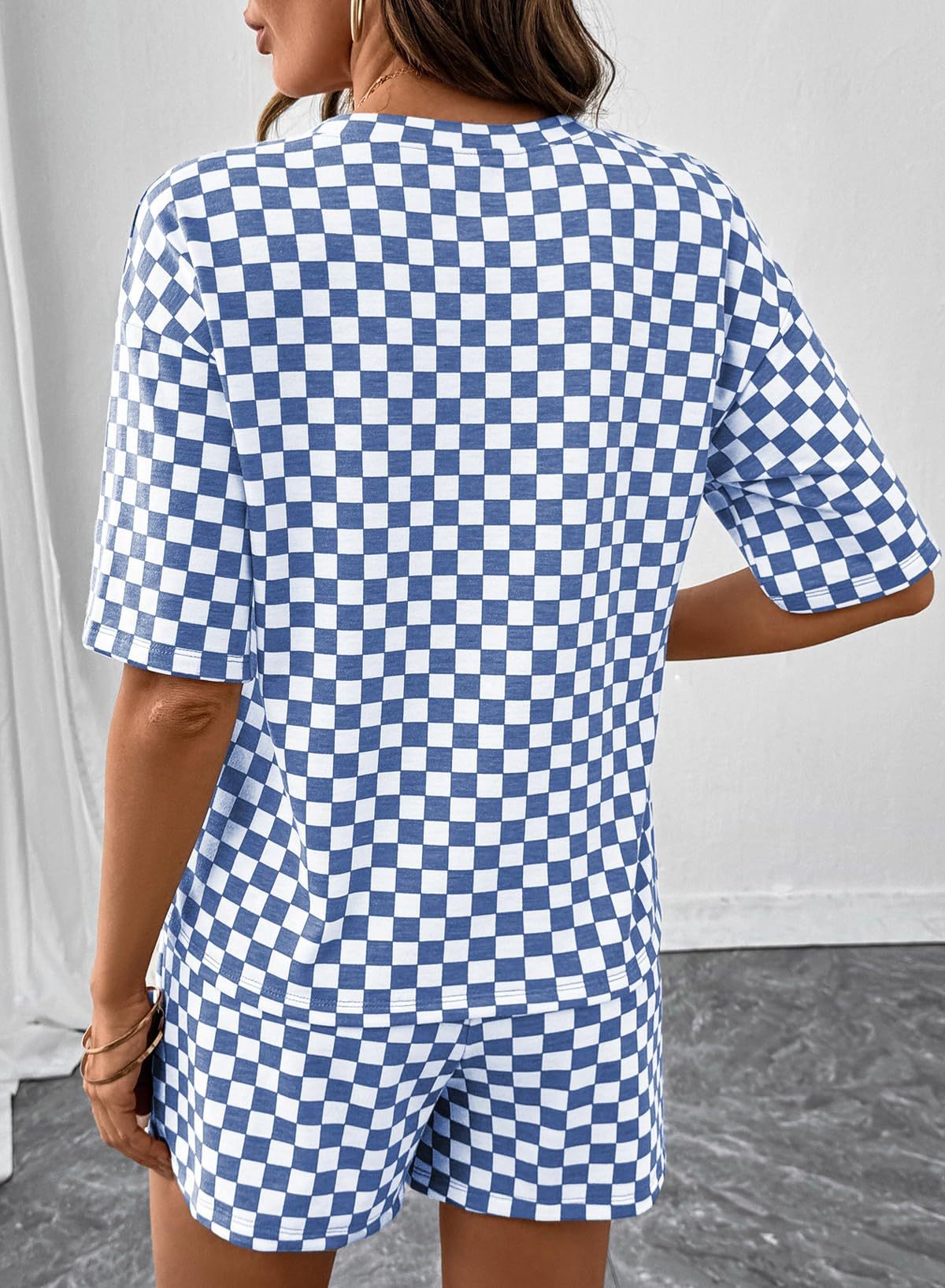 Women's Checkerboard Lounge Set Drawstring Shorts Casual