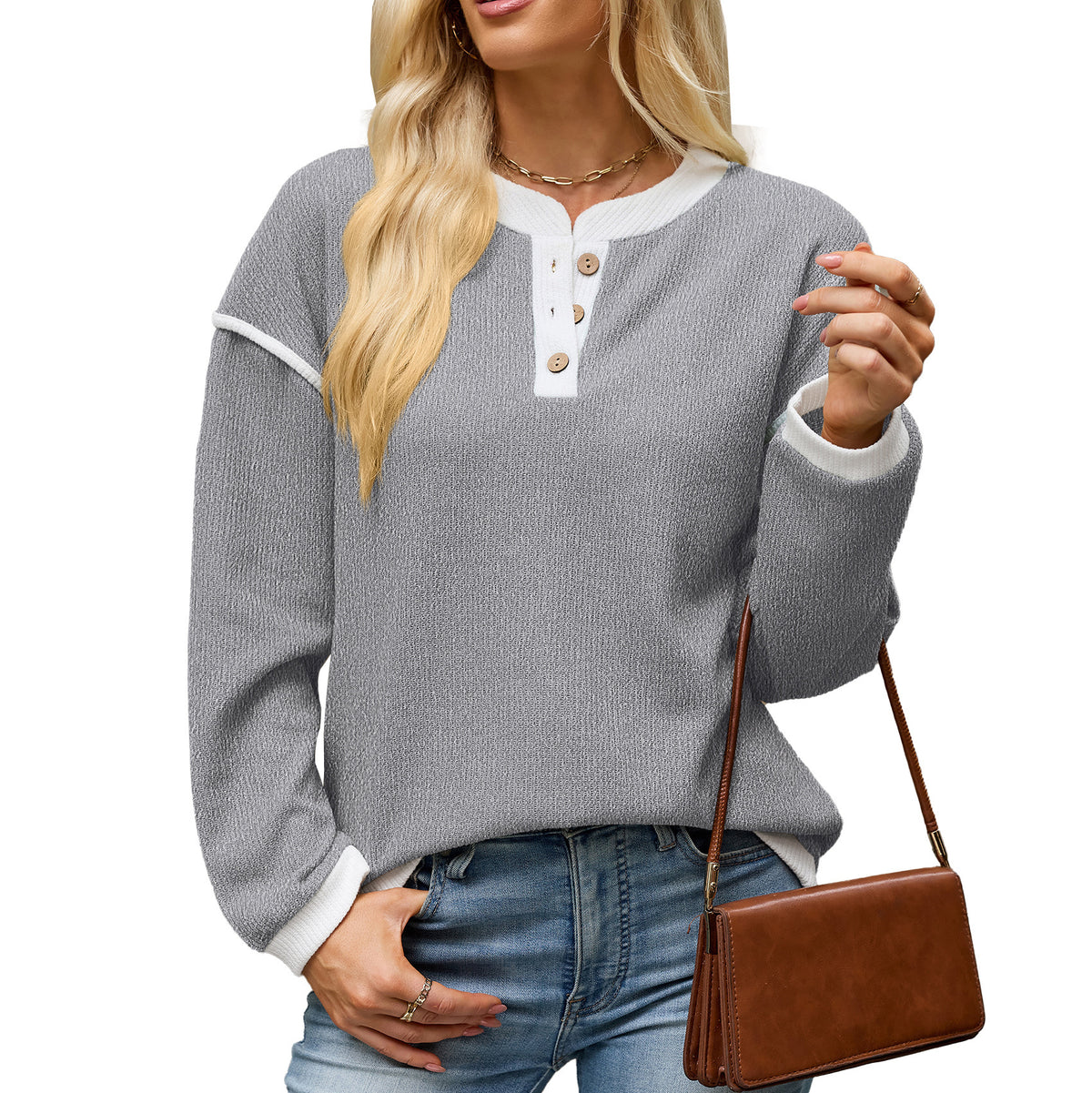 Women's Contrast Henley Long Sleeve Loose Casual Top