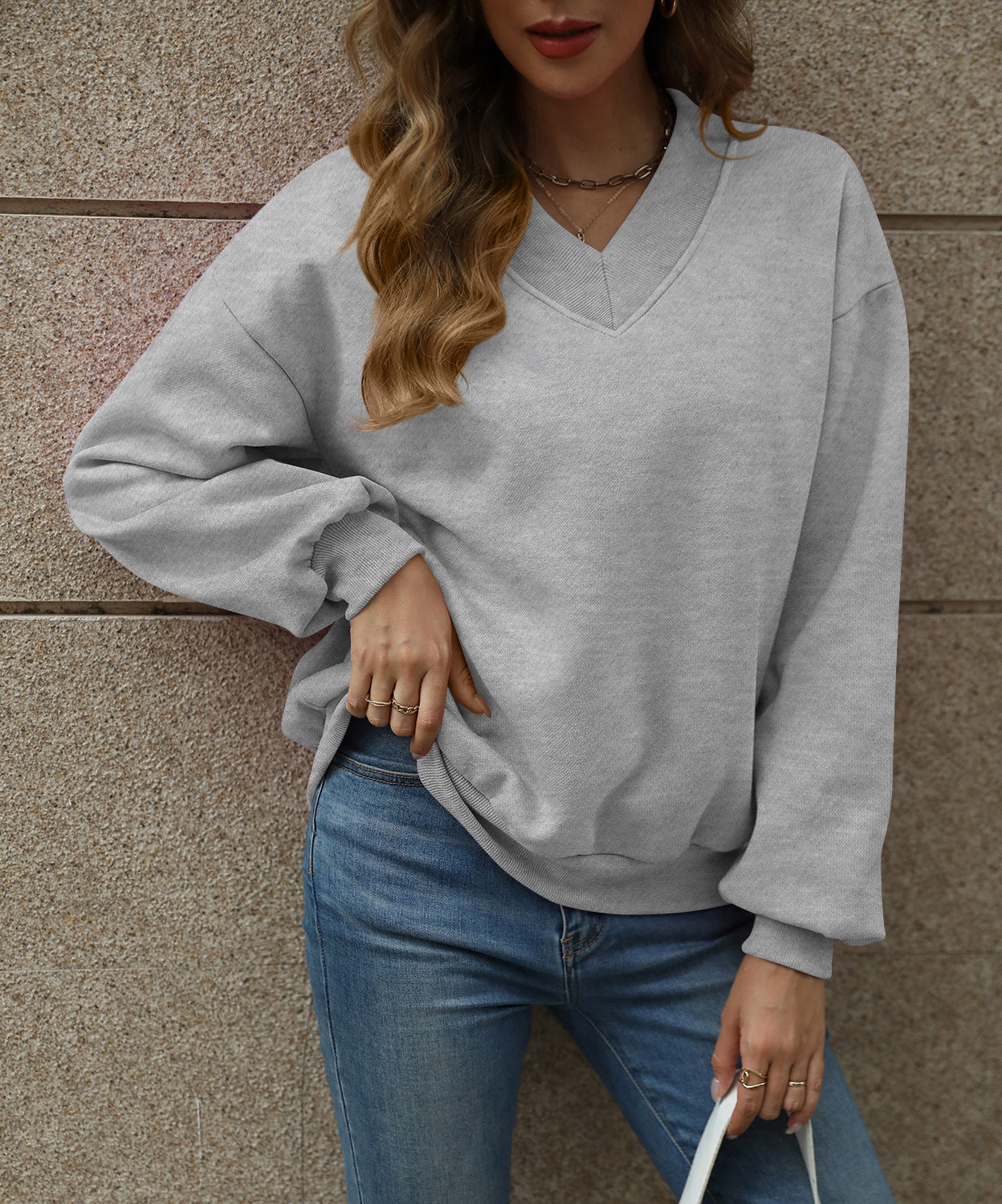 Solid Sweatshirt Casual Oversized V-Neck Pullover