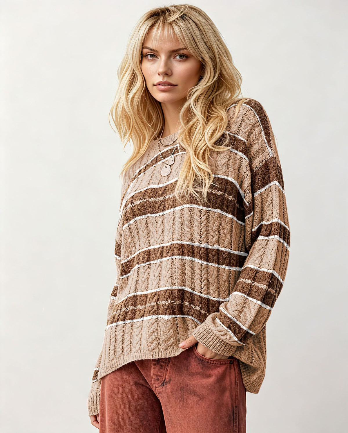 Women's Oversized Striped Cable Knit Pullover Sweater