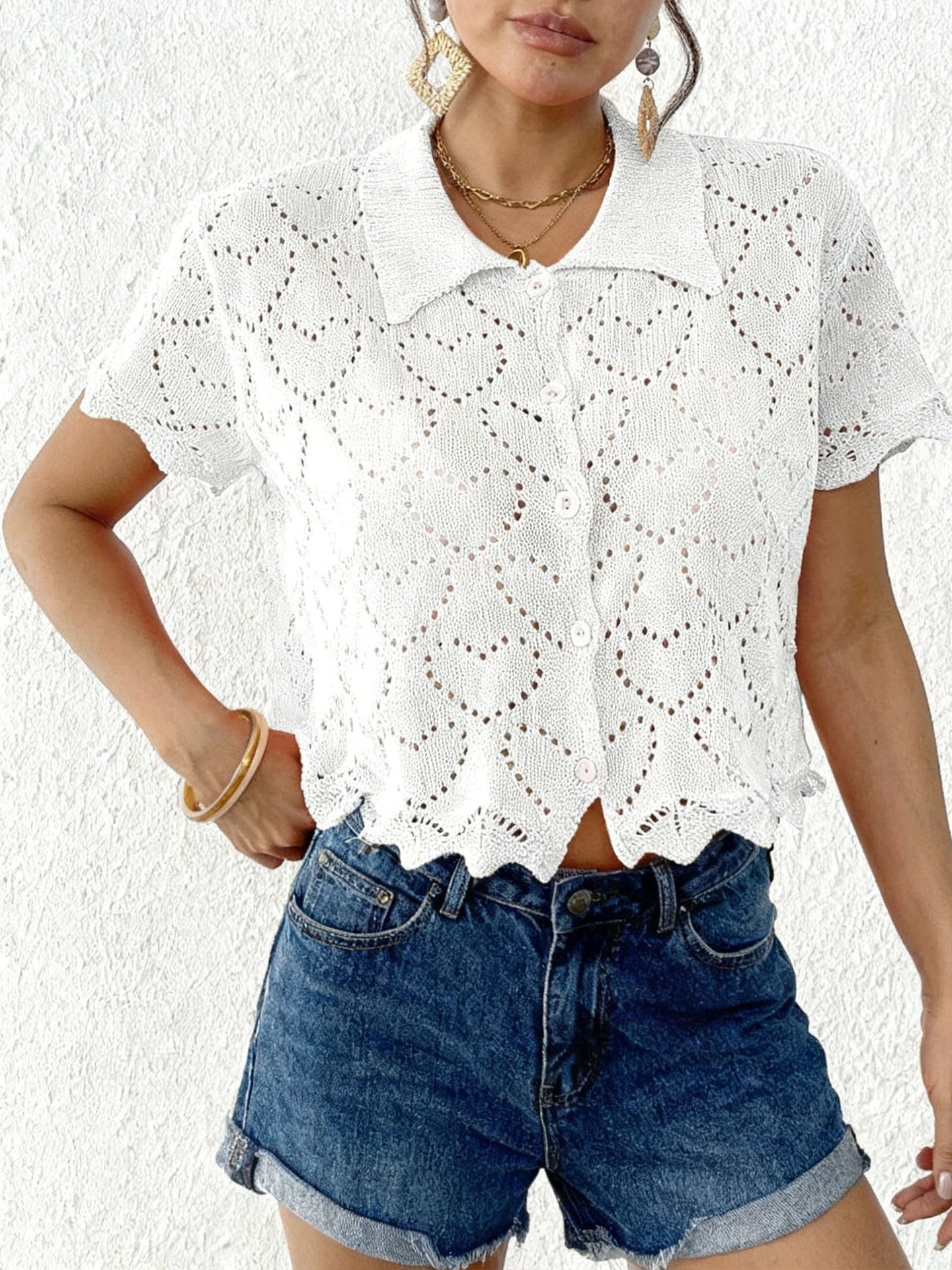 Heart Crochet Button Up Collar Short Sleeve Cardigan