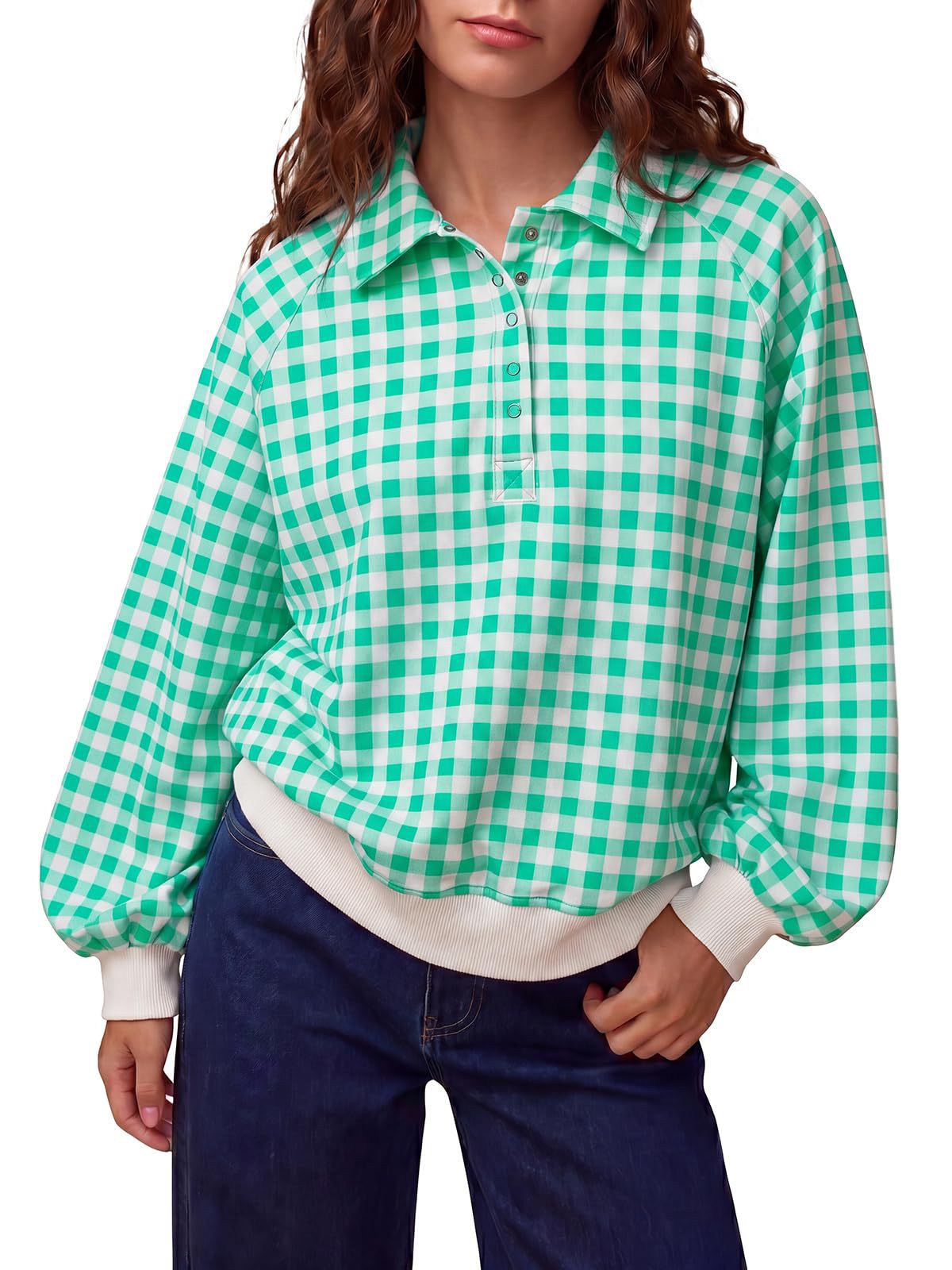 Women's Gingham Polo Oversized Pullover Sweatshirt