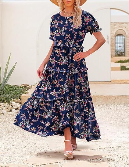 Floral Print Puff Sleeve Tiered Maxi Dress for Summer