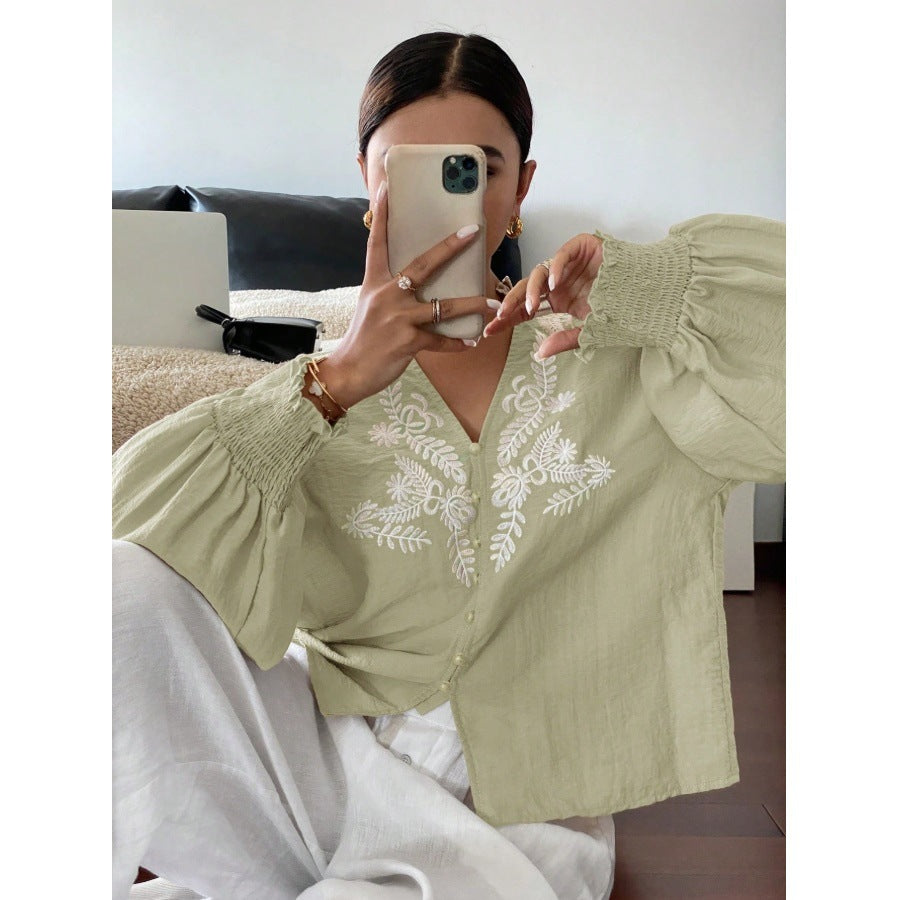 Floral Blend Blouse Boho Embroidered Puff Sleeve