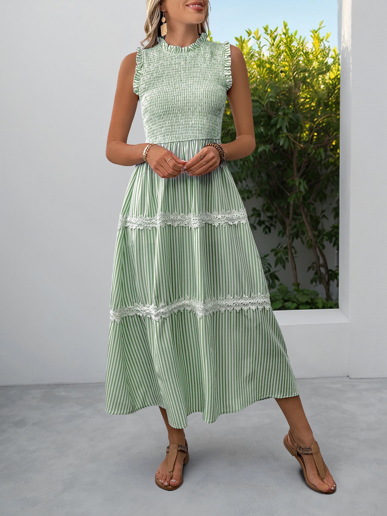 Striped Lace Trim Sleeveless Midi Dress for Summer