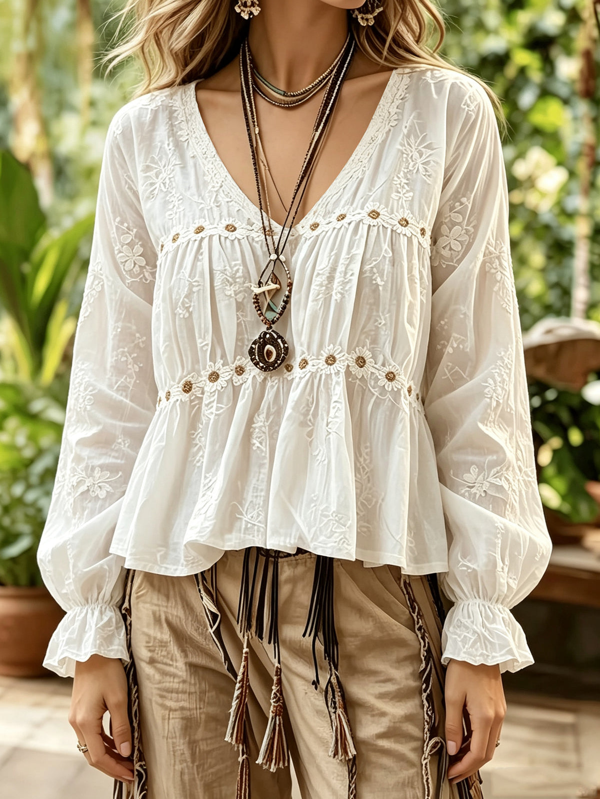 White Boho Embroidered V-Neck Lace Peasant Blouse