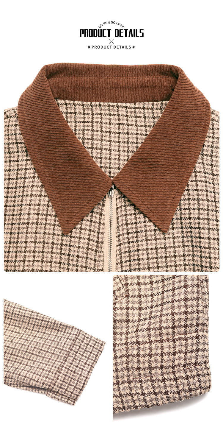 Houndstooth Contrast Collar Cropped Jacket Vintage Outerwear
