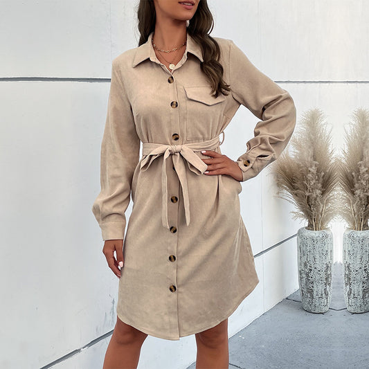 Corduroy Button Down Long Sleeve Shirt Dress with Belt