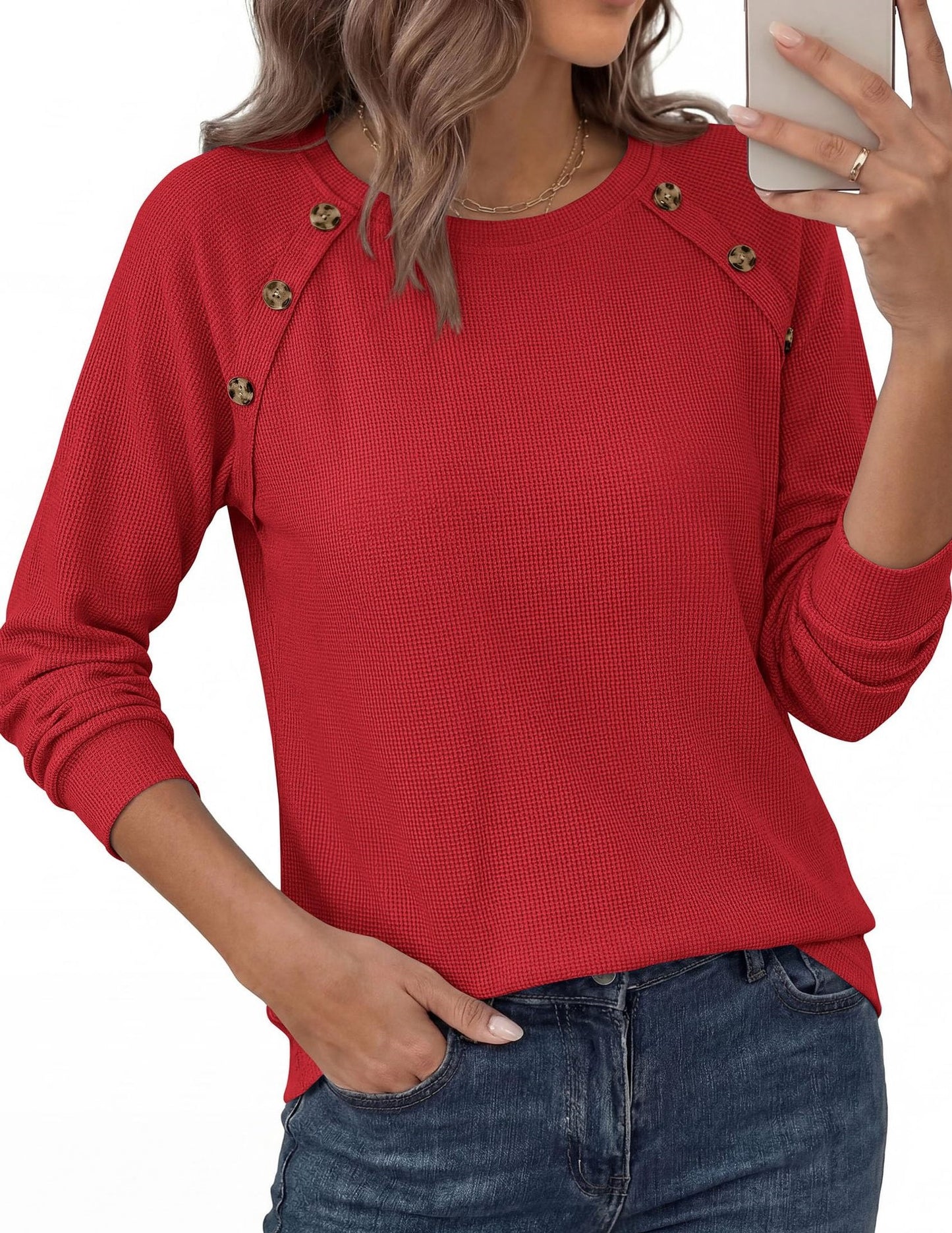 Waffle Knit Button Detail Top Long Sleeve Casual Pullover