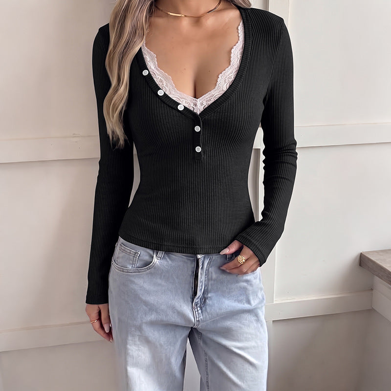 Solid Ribbed Knit Top Lace Trim V Neck Long Sleeve