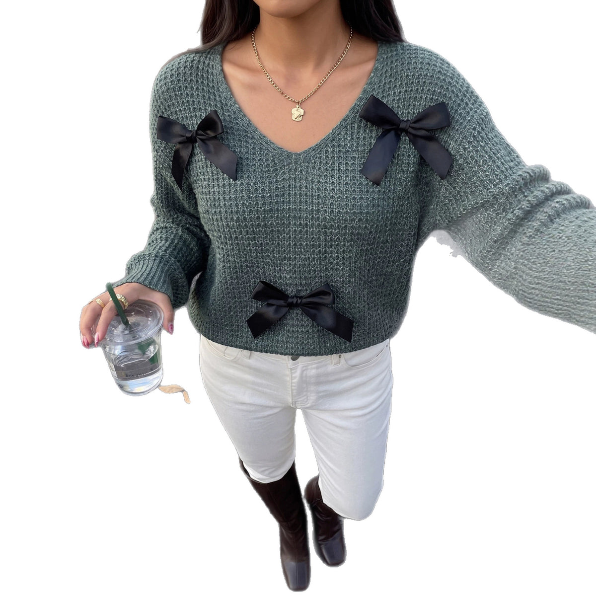Women's V Neck Bow Open Back Lace Up Knit Sweater