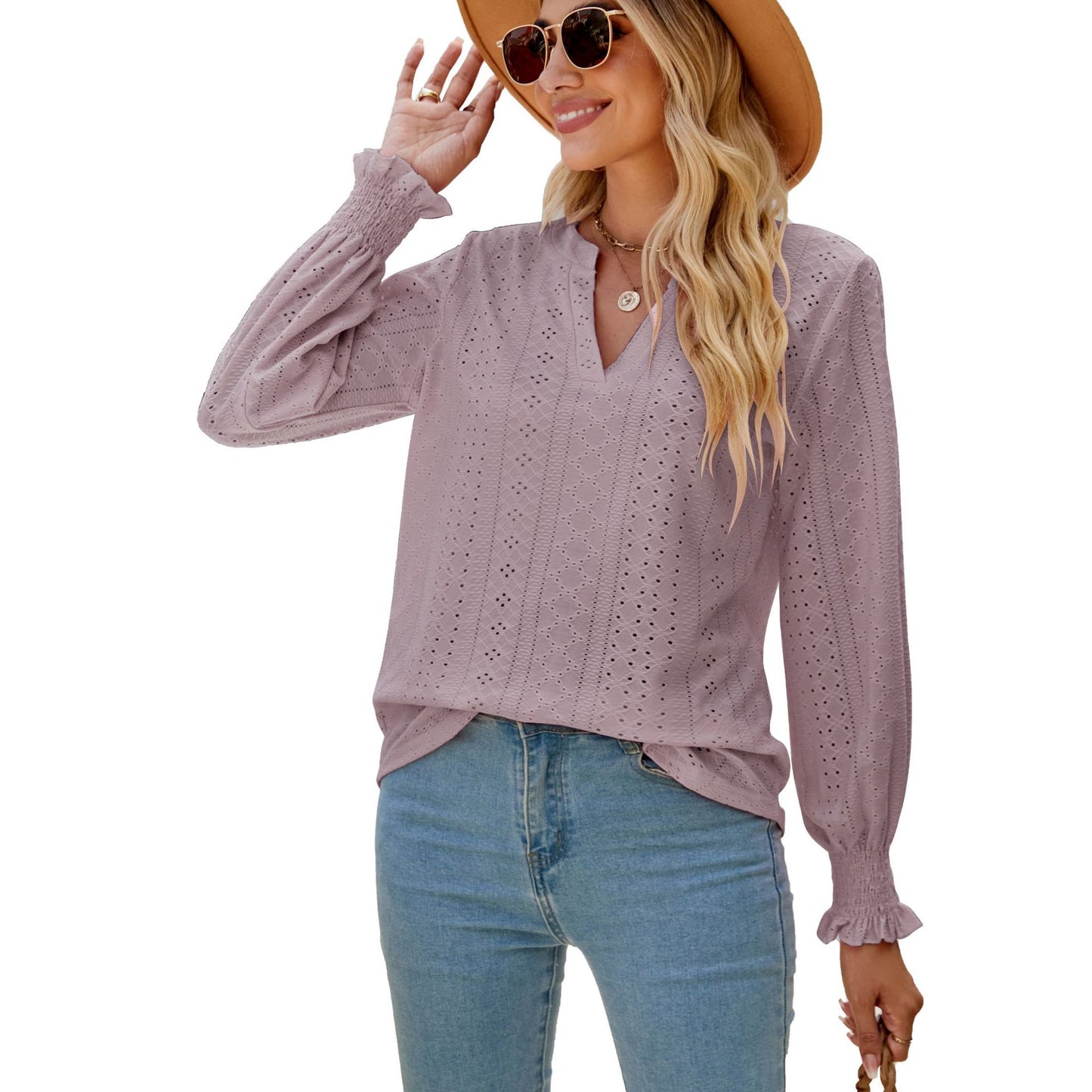Eyelet V Neck Ruffle Sleeve Casual Long Sleeve Blouse