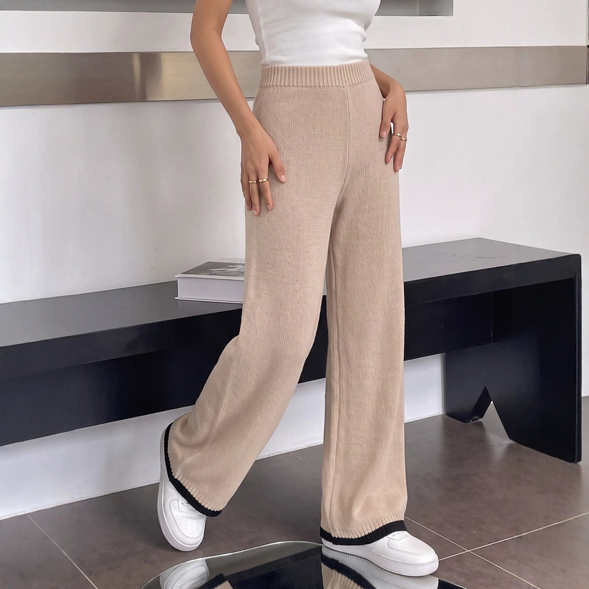 Women's High Waist Knit Wide Leg Sweater Pants Color Block