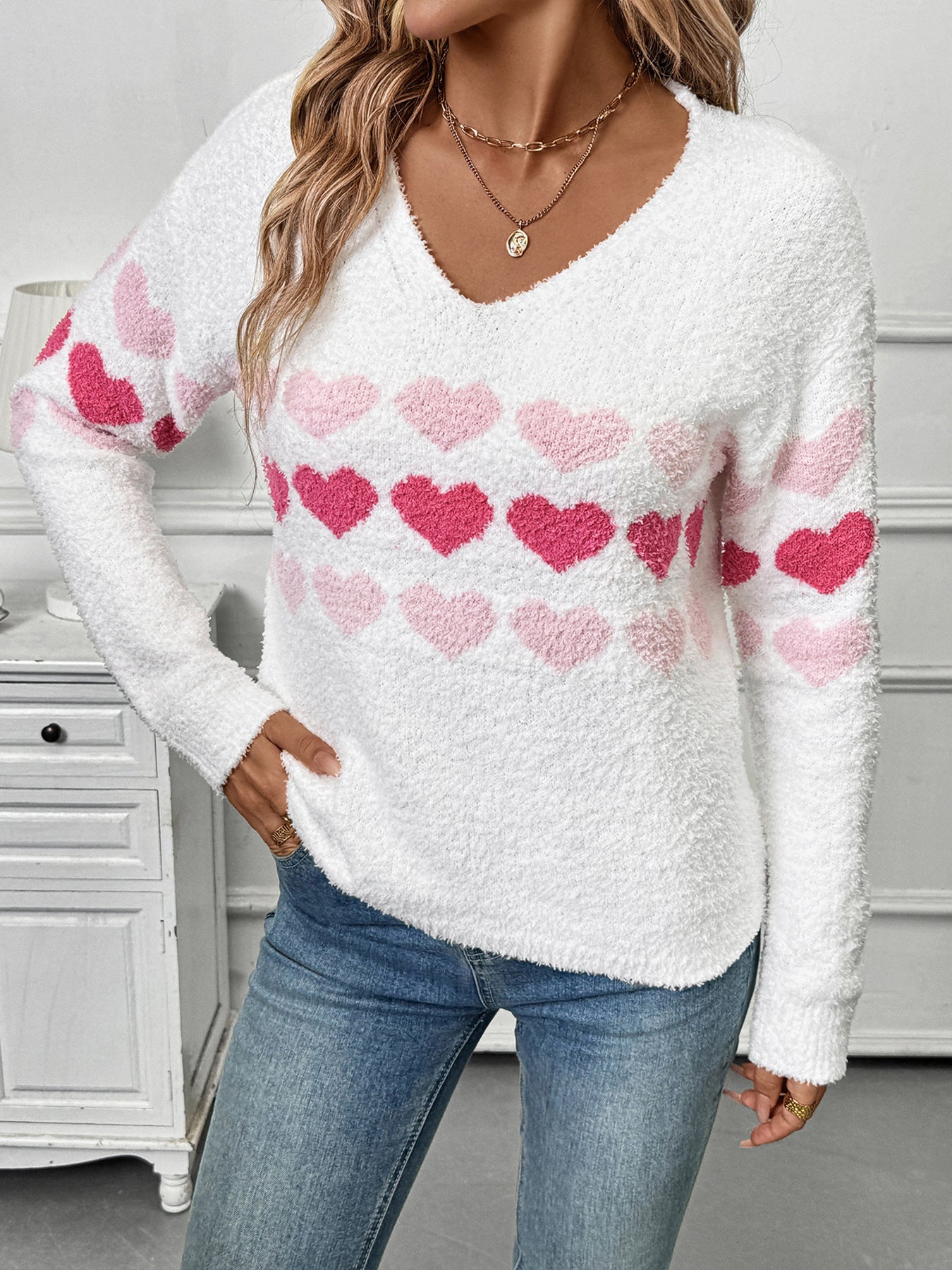 Heart Pattern V Neck Long Sleeve Fuzzy  Sweater