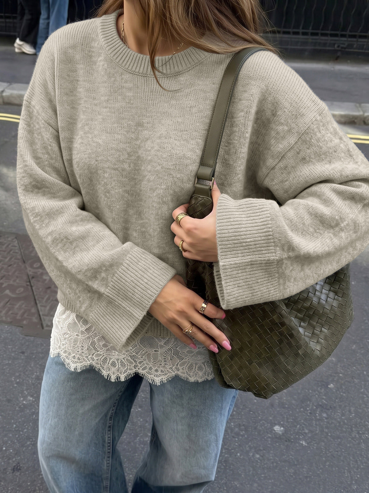 Oversized Crew Neck Sweater with Lace Hem