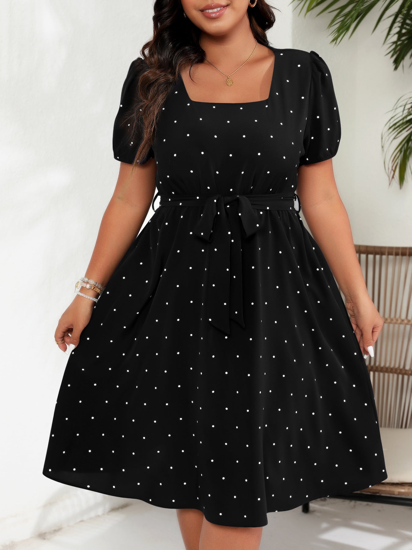 Plus Size Tie Waist Polka Dot Midi Dress
