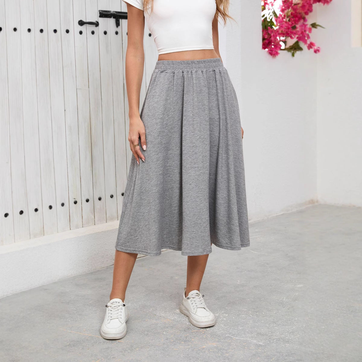 Solid Knit Skirt Casual A-Line Midi Elastic Waist